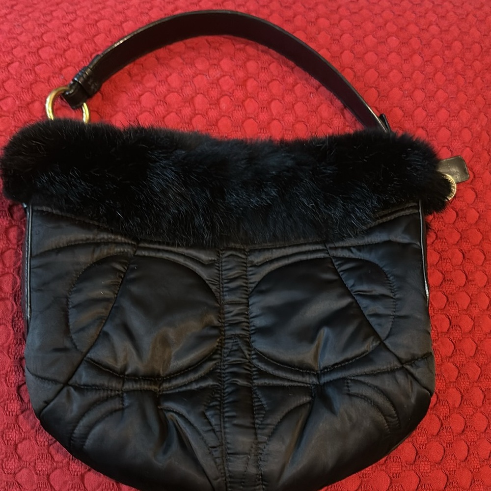 Coach logo nylon fur trimmed purse